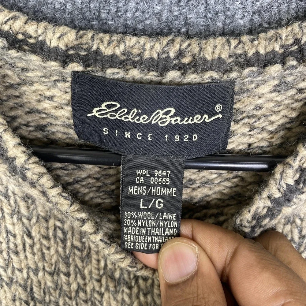 Vintage Eddie Bauer Sweater Mens Large Beige Gray Wool Crewneck Knit Pullover